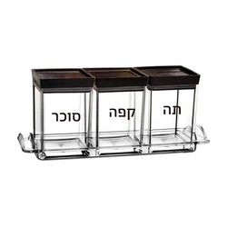 סט 3 צנצנות אקריל עם מכסי עץ ומגש